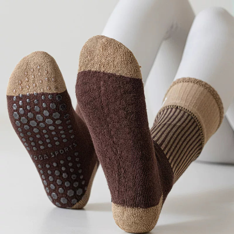 Crystorax | Thick Terry Mid-Calf Yoga Socks for Women, Non-Slip Cotton Pilates Socks for Autumn and Winter Indoor Fitness