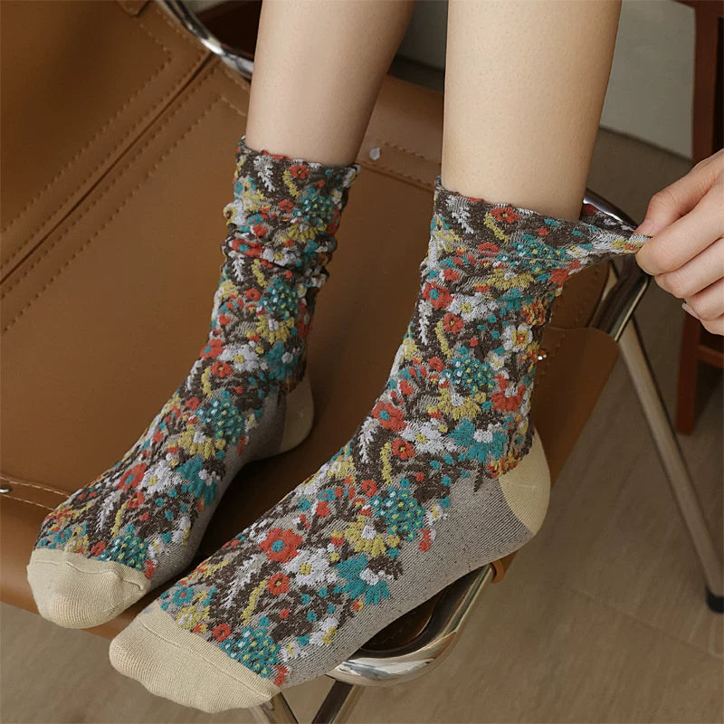 Crystorax | Embossed Floral Pile Socks for Women, Retro Forest Style Mid-Calf Socks for Spring and Autumn