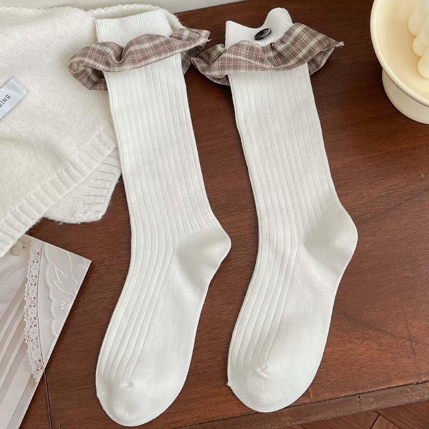 Crystorax | Lace-Trim Mid-Calf Socks for Women with Button Detail