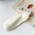 Crystorax | Black and White Lace Mid-Calf Socks for Women, Japanese-Inspired Cute Pearl Detail Spring Fashion Socks