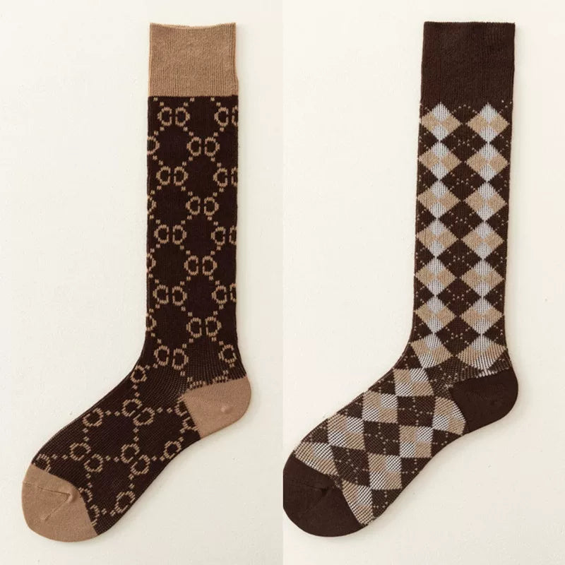 Crystorax | Retro Letter Knit Long Tube Socks for Women, Double-Needle Cotton Pile Socks in Maillard Brown for Autumn and Winter