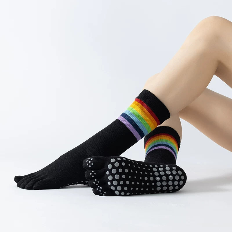 Crystorax | Rainbow Stripe Five-Toe Yoga Socks for Women, Non-Slip Mid-Calf Pilates Socks for Fitness and Aerobics