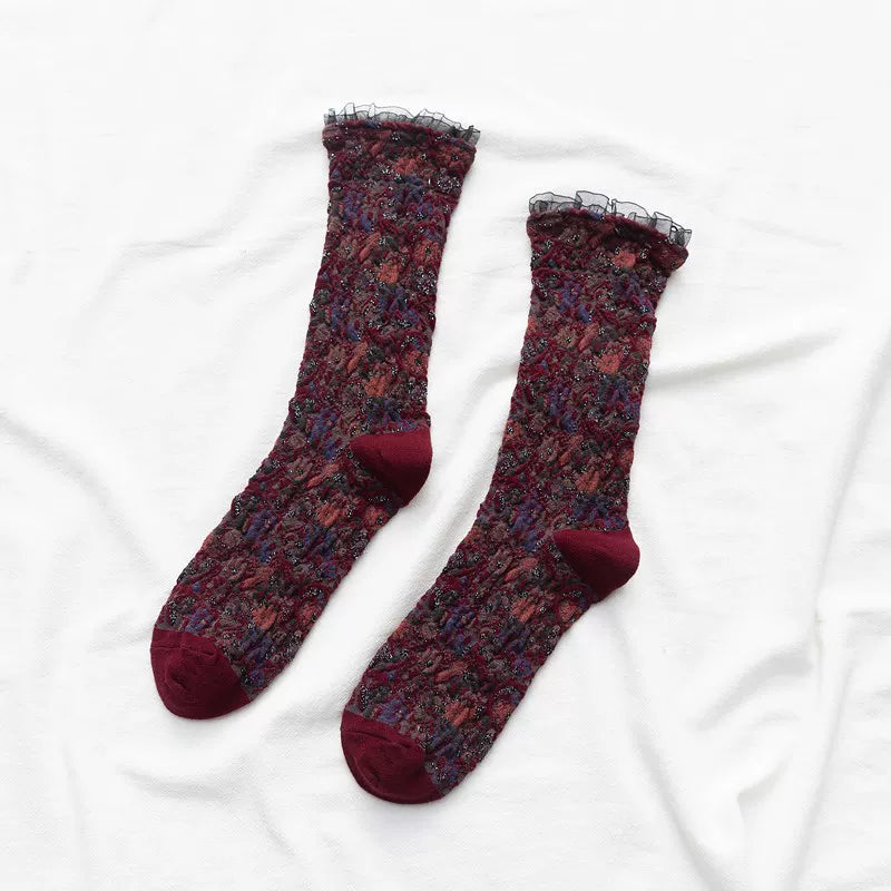 Crystorax | Women’s Cotton Mid-Calf Socks with Lace Trim for Autumn Winter
