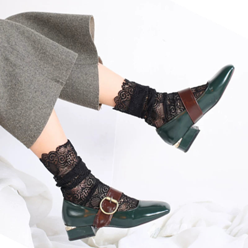 Crystorax | 2-Pack Retro Lace Mesh Mid-Calf Socks for Women, Korean and Japanese Style Hollow Spring Autumn Socks