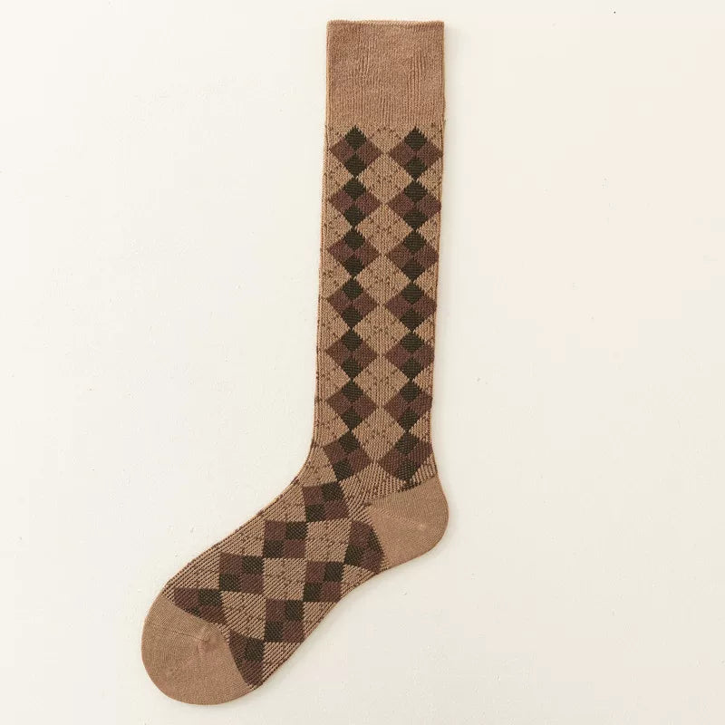 Crystorax | Retro Letter Knit Long Tube Socks for Women, Double-Needle Cotton Pile Socks in Maillard Brown for Autumn and Winter