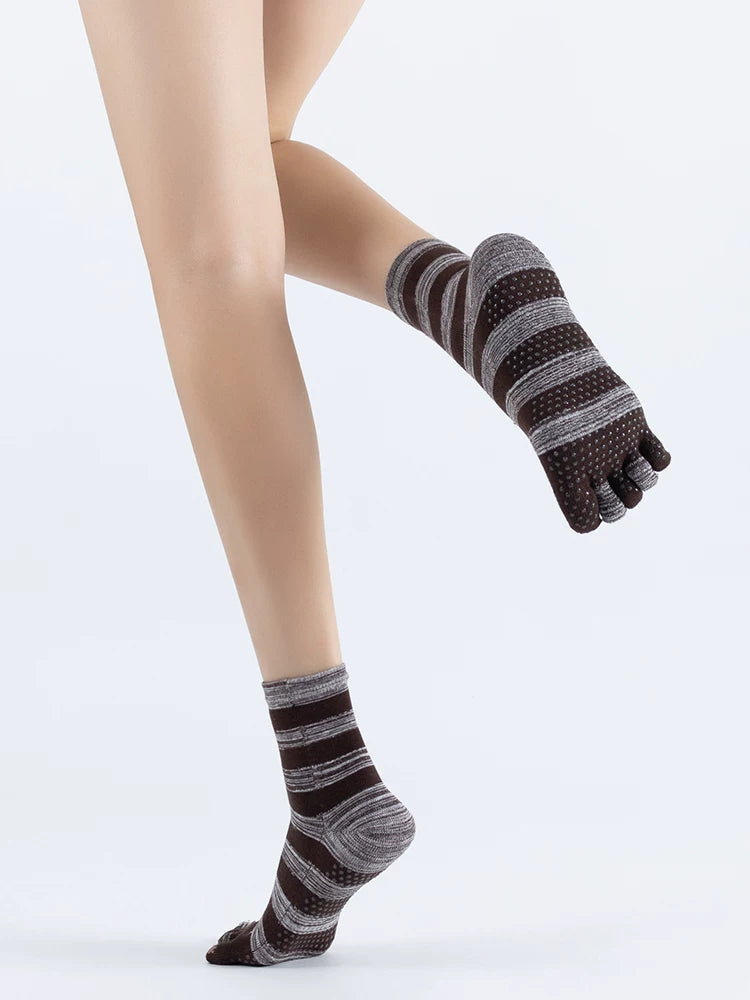 Crystorax | Cartoon Cat Five-Toe Yoga Socks for Women, Striped Non-Slip Mid-Calf Pilates Socks for Indoor Fitness