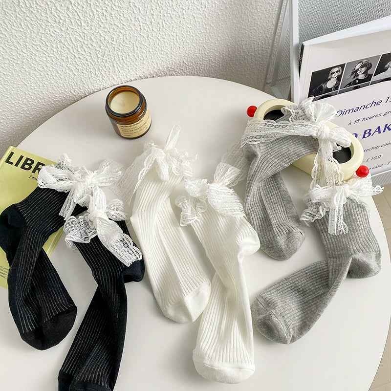 Crystorax | Fairy Lace Bow Mid-Calf Socks for Women, Lightweight Spring Summer Cotton Socks with Vertical Stripe Design