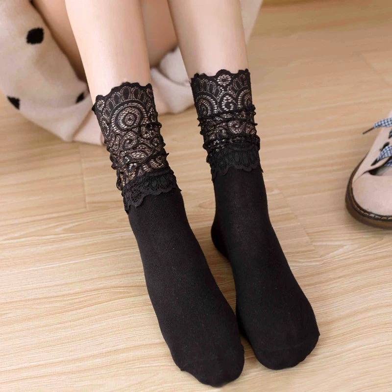 Crystorax | 2-Pack Retro Lace Mesh Mid-Calf Socks for Women, Korean and Japanese Style Hollow Spring Autumn Socks