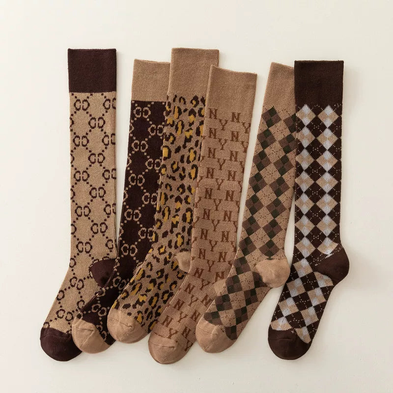 Crystorax | Retro Letter Knit Long Tube Socks for Women, Double-Needle Cotton Pile Socks in Maillard Brown for Autumn and Winter