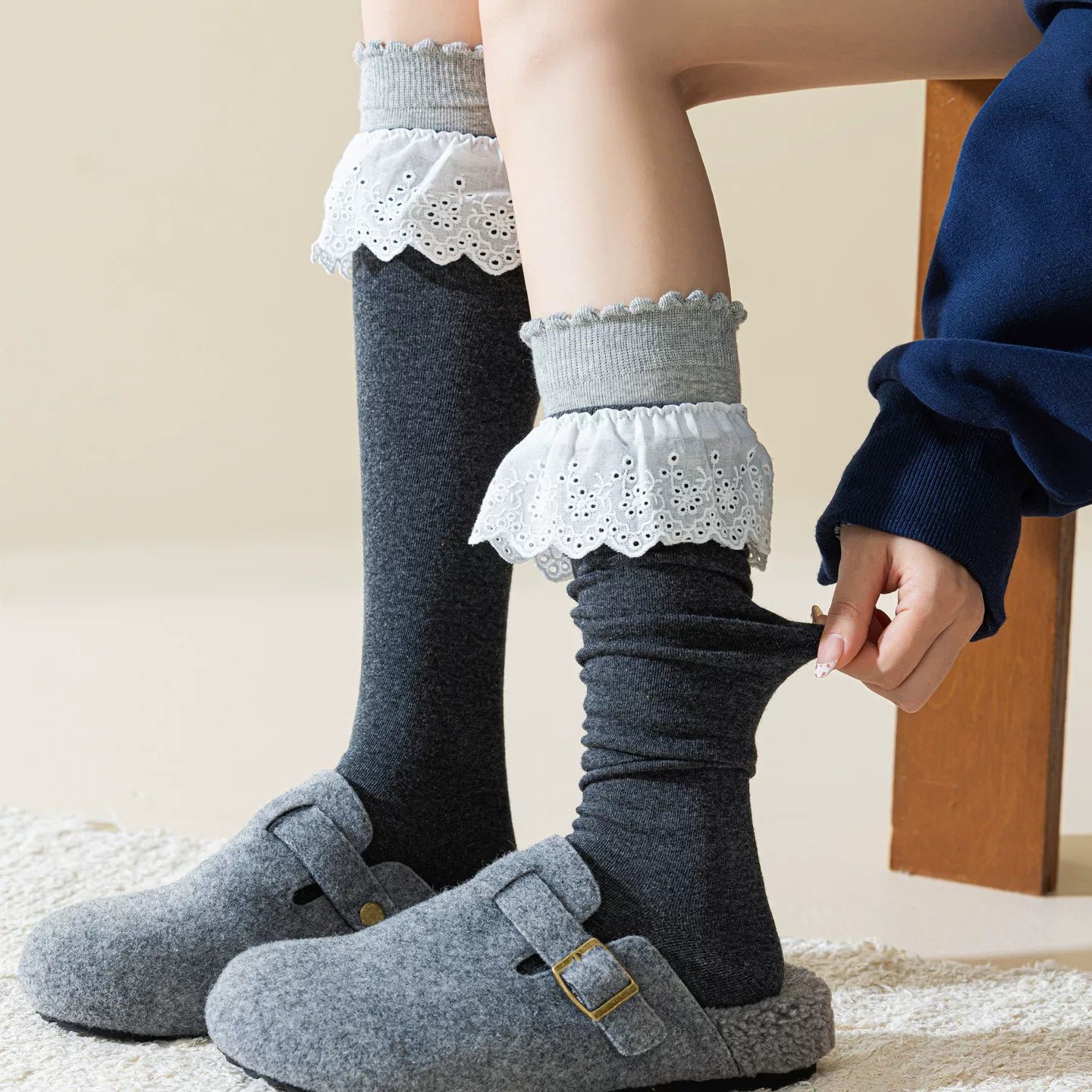 Crystorax | Calf-Length Cotton Socks for Women with Ruffled Lace Trim