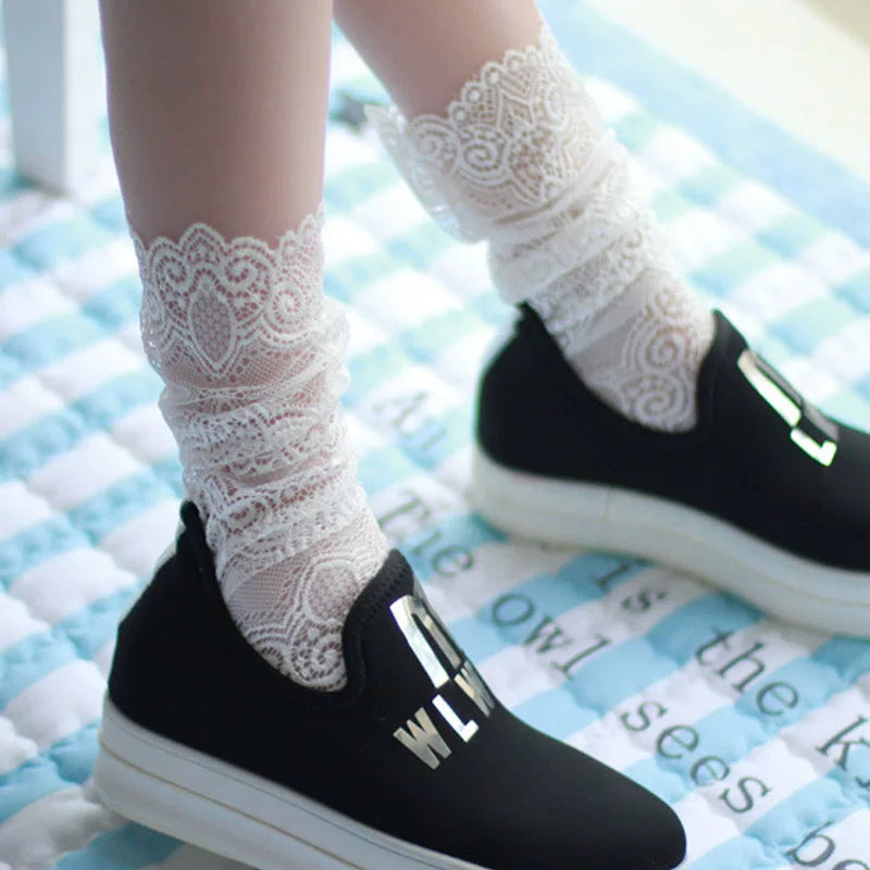 Crystorax | 2-Pack Retro Lace Mesh Mid-Calf Socks for Women, Korean and Japanese Style Hollow Spring Autumn Socks