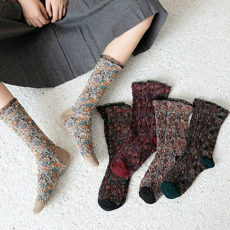 Crystorax | 3-Pack Retro Floral Pile Socks for Women, Warm Embossed Mid-to-High Tube Socks for Autumn and Winter