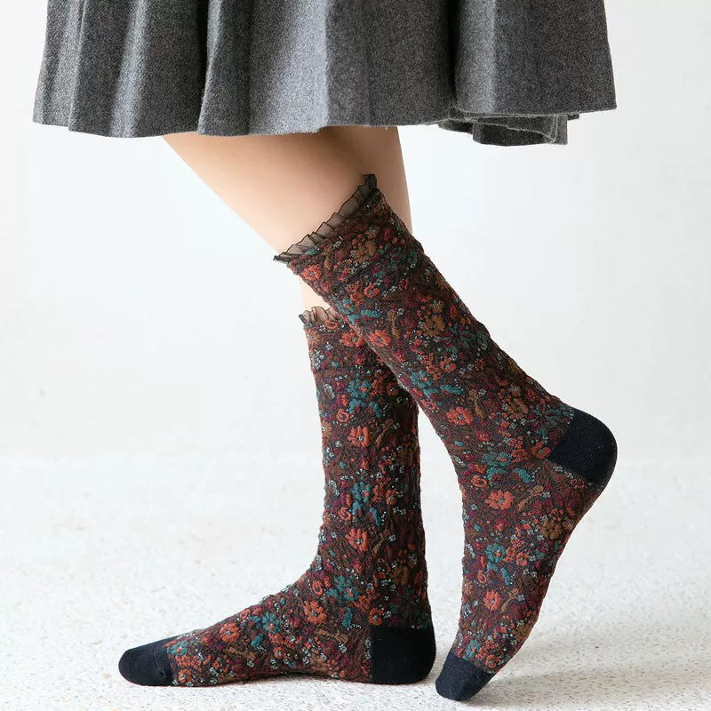 Crystorax | Women’s Cotton Mid-Calf Socks with Lace Trim for Autumn Winter