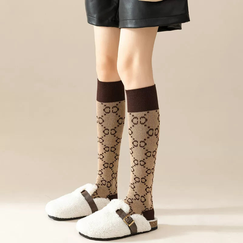 Crystorax | Retro Letter Knit Long Tube Socks for Women, Double-Needle Cotton Pile Socks in Maillard Brown for Autumn and Winter