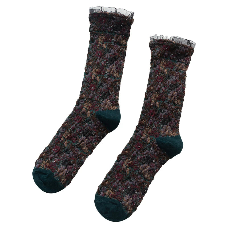Crystorax | Women’s Cotton Mid-Calf Socks with Lace Trim for Autumn Winter