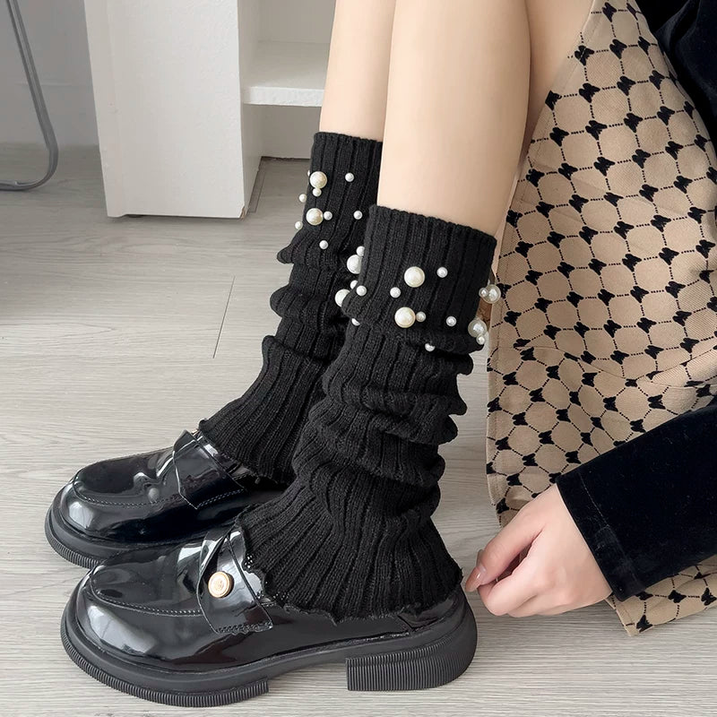 Crystorax | Pearl Accent Leg Warmers for Women, Autumn Winter Pile Mid-Calf Socks with JK and Y2K Style