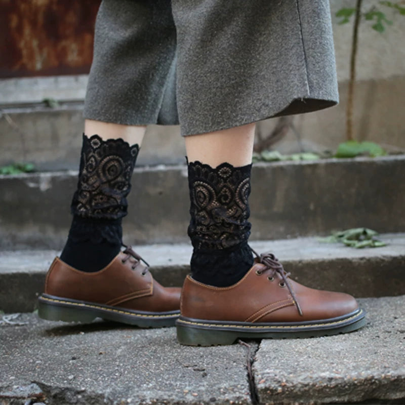 Crystorax | 2-Pack Retro Lace Mesh Mid-Calf Socks for Women, Korean and Japanese Style Hollow Spring Autumn Socks