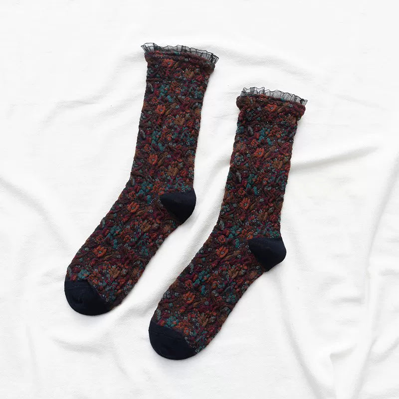 Crystorax | Women’s Cotton Mid-Calf Socks with Lace Trim for Autumn Winter