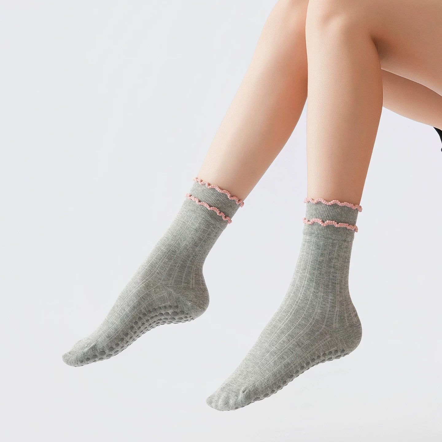 Crystorax | Lace Trim Non-Slip Mid-Calf Yoga Socks for Women, Autumn and Winter Pilates Socks for Indoor Fitness