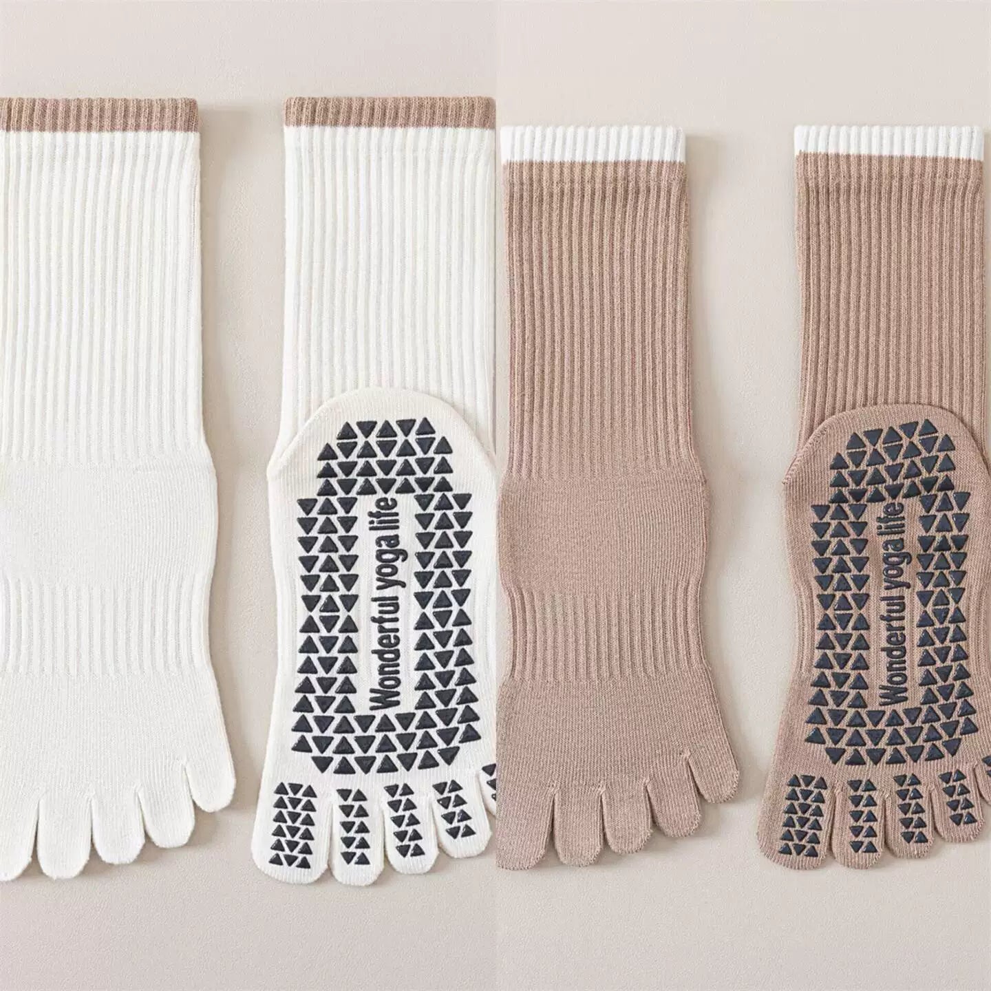 Crystorax | Striped Five-Toe Yoga Socks for Women, Non-Slip Mid-Calf Socks for Pilates, Dance, and Fitness