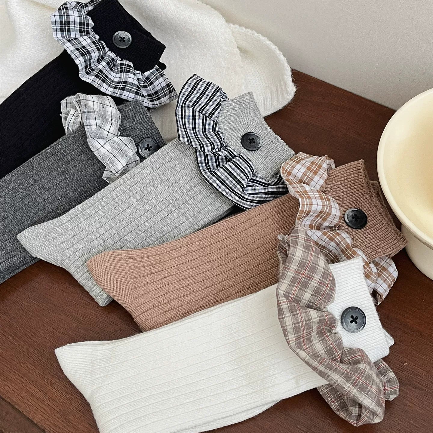 Crystorax | Lace-Trim Mid-Calf Socks for Women with Button Detail