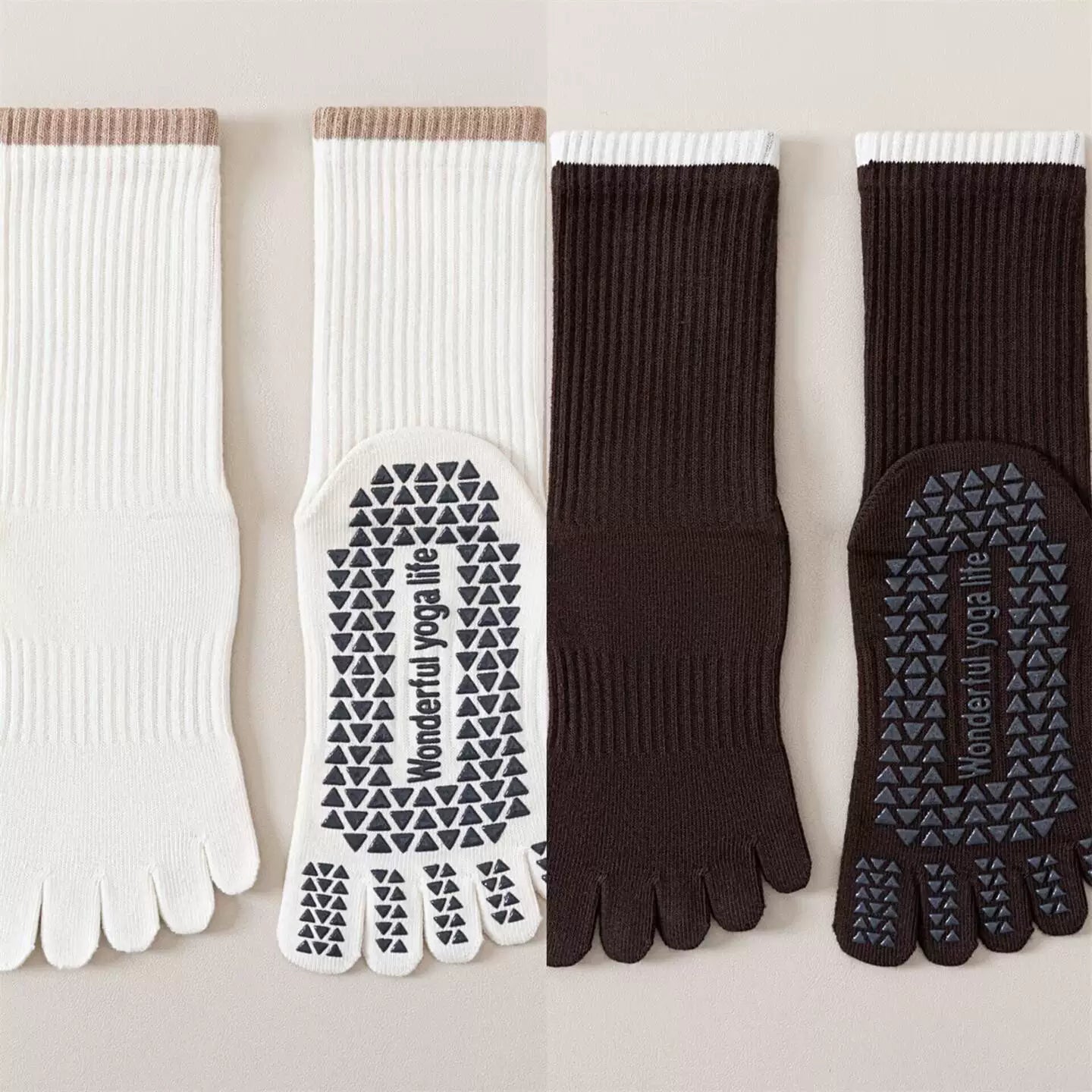 Crystorax | Striped Five-Toe Yoga Socks for Women, Non-Slip Mid-Calf Socks for Pilates, Dance, and Fitness