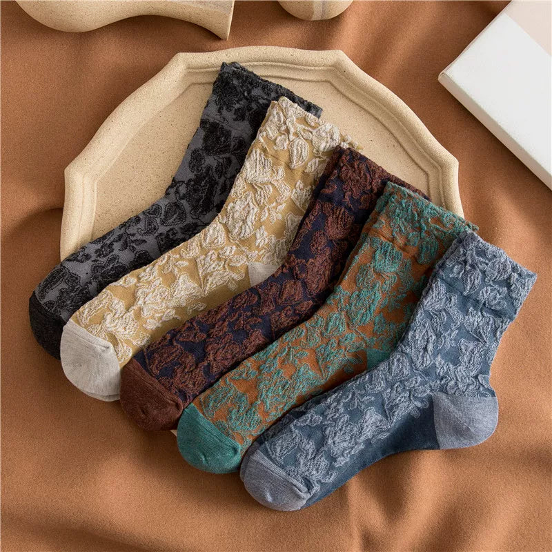 Crystorax | 3-Pack Floral Textured Mid-Calf Socks for Women, Lightweight Cotton Retro Socks for Autumn Casual Wear