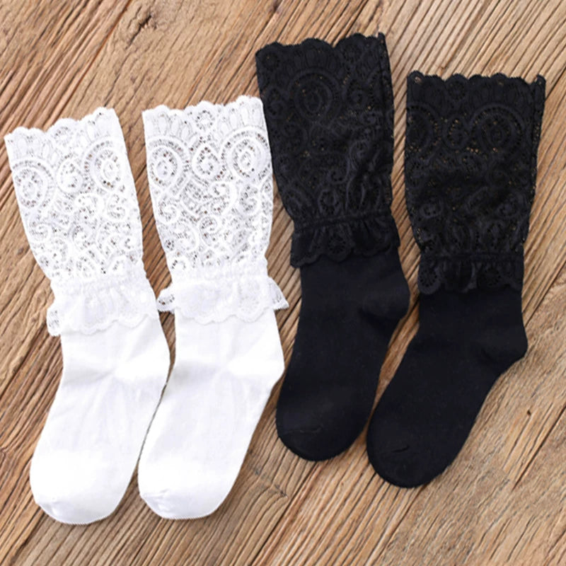 Crystorax | 2-Pack Retro Lace Mesh Mid-Calf Socks for Women, Korean and Japanese Style Hollow Spring Autumn Socks