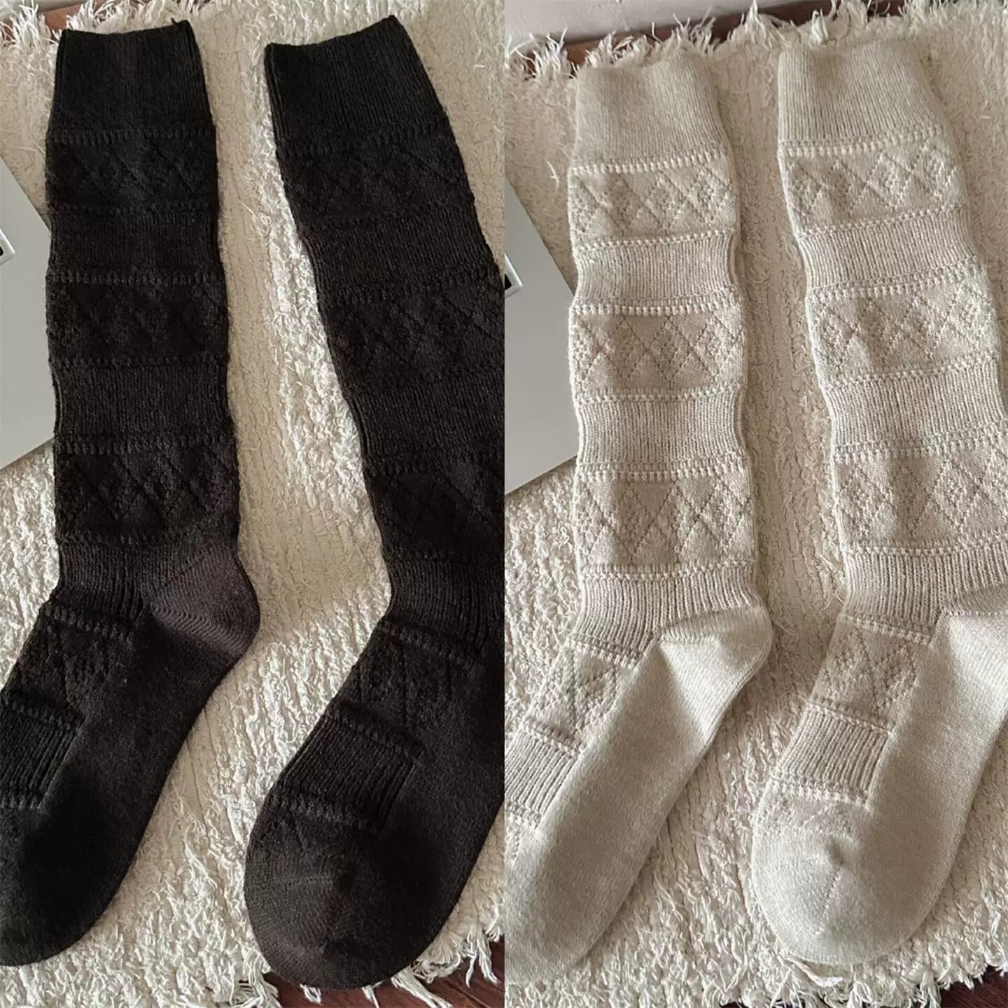 Crystorax | Warm Velvet Diamond Knit Mid-Calf Socks for Women, Korean Retro Pile Socks for Autumn and Winter