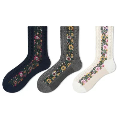 Crystorax | 3-Pack Retro Floral Twist Knit Mid-Calf Socks for Women, Textured Cotton Socks with 3D Flower Details