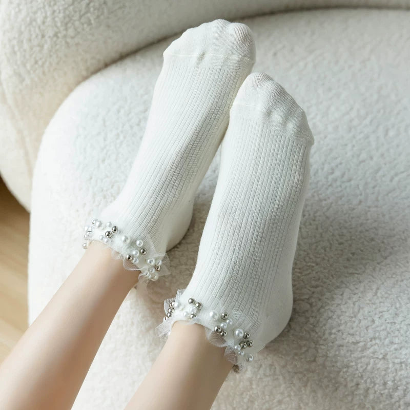 Crystorax | Black and White Lace Mid-Calf Socks for Women, Japanese-Inspired Cute Pearl Detail Spring Fashion Socks