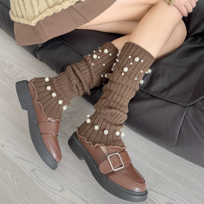 Crystorax | Pearl Accent Leg Warmers for Women, Autumn Winter Pile Mid-Calf Socks with JK and Y2K Style