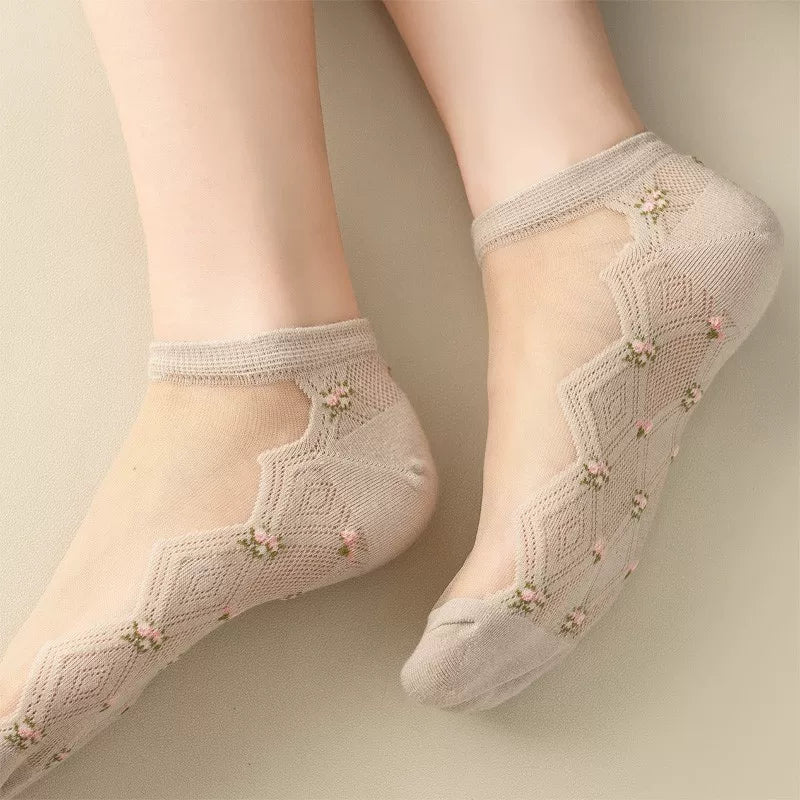 Crystorax | 5-Pack Breathable Mesh Boat Socks for Women, Lightweight Floral Jacquard Cotton Socks for Spring and Summer