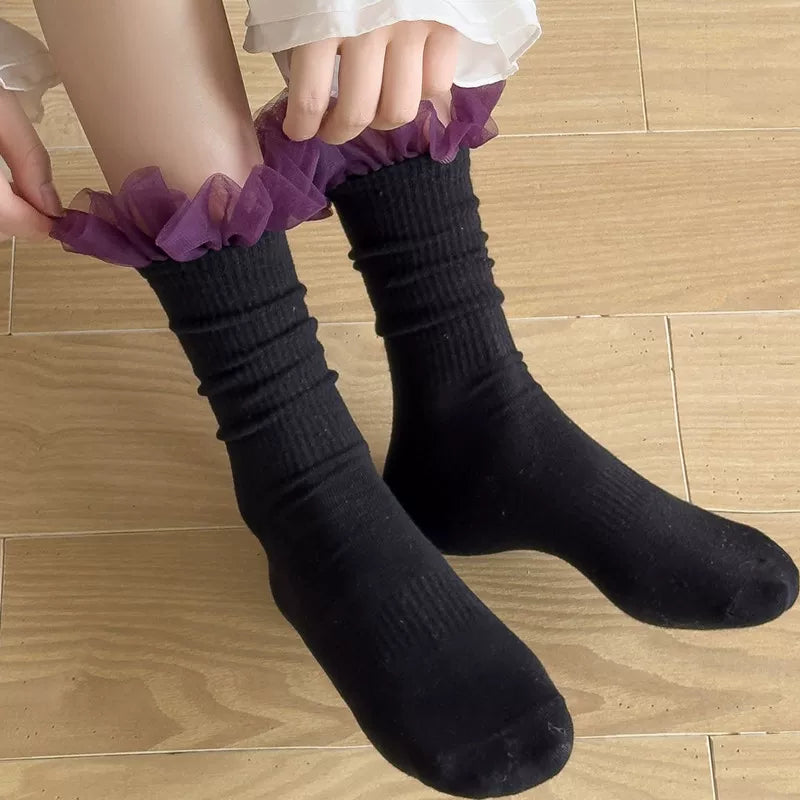 Crystorax | Women’s Knee-High Socks with Lace Spliced Knit Panels
