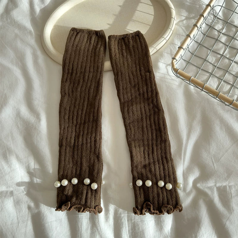 Crystorax | Pearl Accent Leg Warmers for Women, Autumn Winter Pile Mid-Calf Socks with JK and Y2K Style