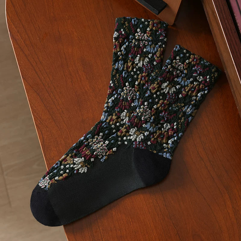 Crystorax | Embossed Floral Pile Socks for Women, Retro Forest Style Mid-Calf Socks for Spring and Autumn