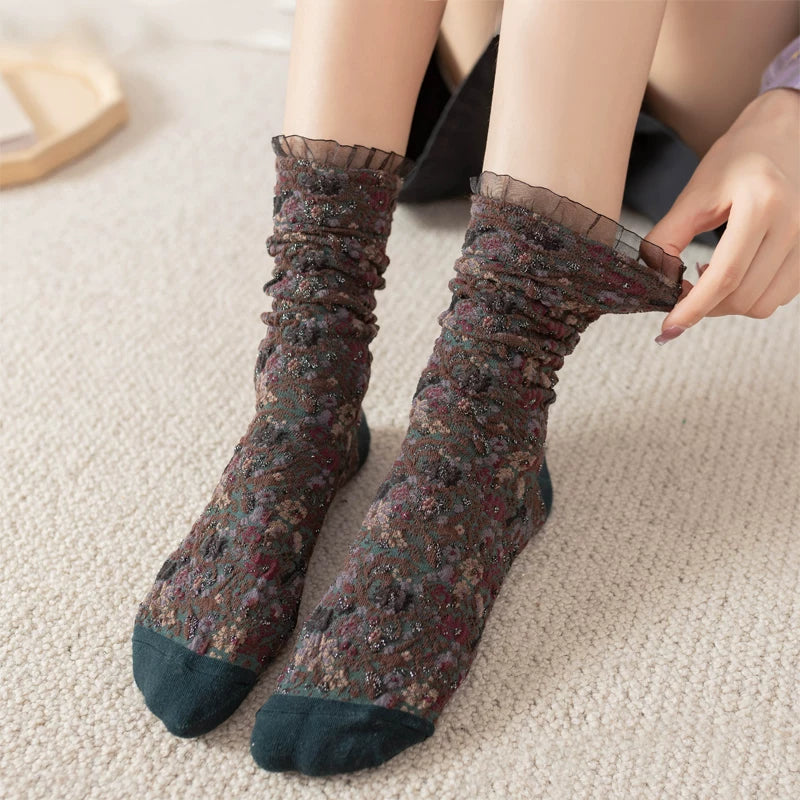 Crystorax | 3-Pack Retro Floral Pile Socks for Women, Warm Embossed Mid-to-High Tube Socks for Autumn and Winter