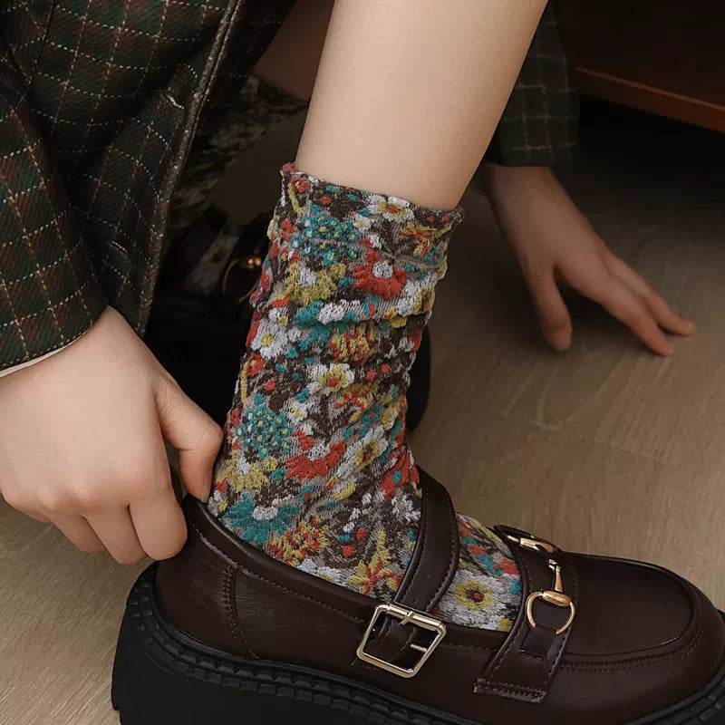 Crystorax | Embossed Floral Pile Socks for Women, Retro Forest Style Mid-Calf Socks for Spring and Autumn