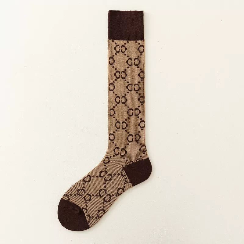 Crystorax | Retro Letter Knit Long Tube Socks for Women, Double-Needle Cotton Pile Socks in Maillard Brown for Autumn and Winter