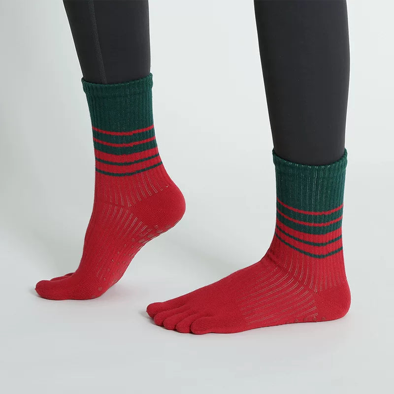 Crystorax | Gradient Stripe Non-Slip Toe Yoga Socks for Women, Mid-Calf Autumn and Winter Pilates Fitness Socks