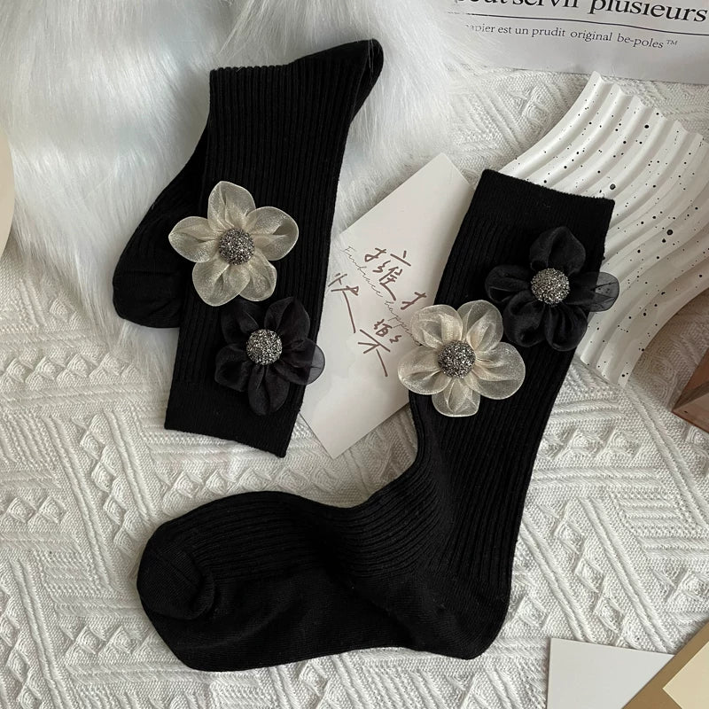 Crystorax | Elegant Floral Mesh Mid-Calf Socks for Women, Spring and Autumn Organza Flower Socks with Subtle Shine