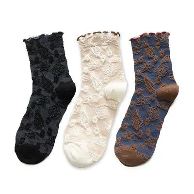 Crystorax | 3-Pack Floral Knit Mid-Calf Socks for Women, Retro Forest Style Ruffle Edge Socks for Spring and Autumn