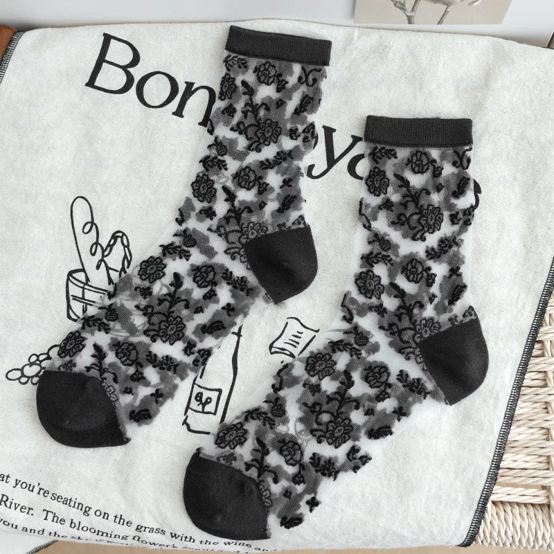 Crystorax | Retro Rose Crystal Silk Mid-Calf Socks for Women, Lightweight Spring Summer Ice Silk Floral Socks