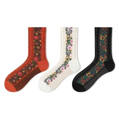 Crystorax | 3-Pack Retro Floral Twist Knit Mid-Calf Socks for Women, Textured Cotton Socks with 3D Flower Details