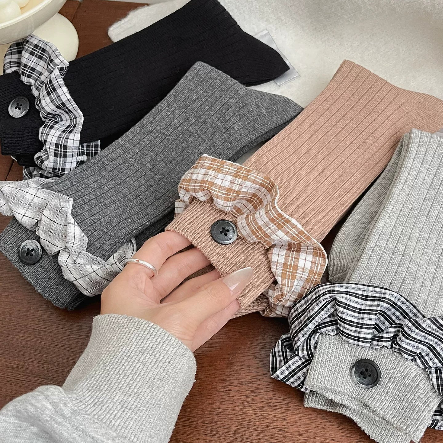 Crystorax | Lace-Trim Mid-Calf Socks for Women with Button Detail