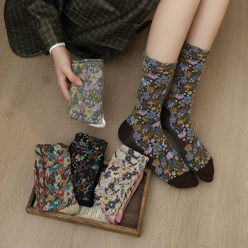 Crystorax | Embossed Floral Pile Socks for Women, Retro Forest Style Mid-Calf Socks for Spring and Autumn