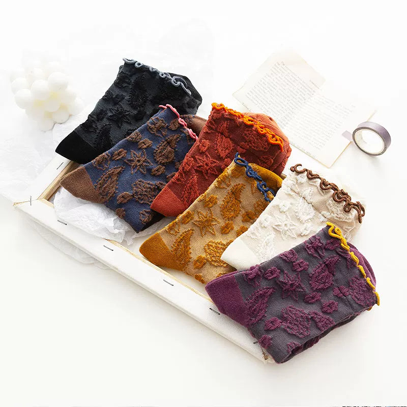 Crystorax | 3-Pack Floral Knit Mid-Calf Socks for Women, Retro Forest Style Ruffle Edge Socks for Spring and Autumn