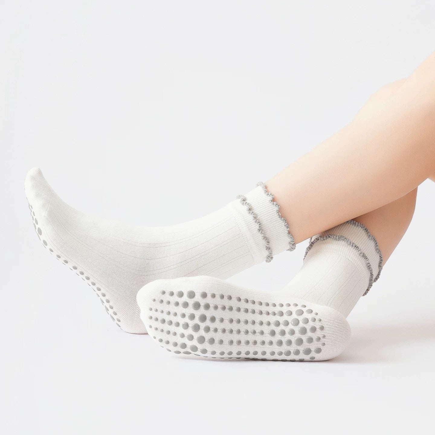 Crystorax | Lace Trim Non-Slip Mid-Calf Yoga Socks for Women, Autumn and Winter Pilates Socks for Indoor Fitness