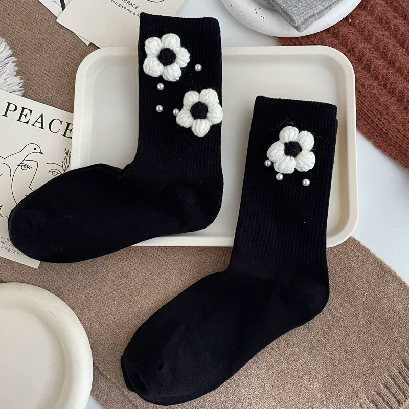 Crystorax | Black and Gray Floral Mid-Calf Socks for Women, Soft Cotton Korean-Inspired Fashion Socks with Pearl Details