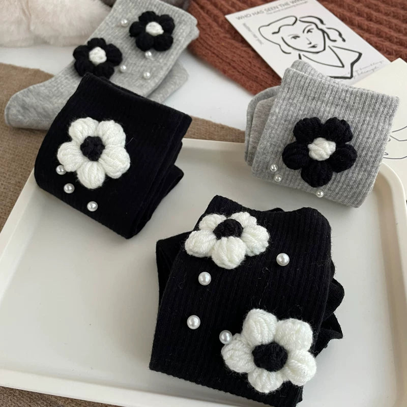 Crystorax | Black and Gray Floral Mid-Calf Socks for Women, Soft Cotton Korean-Inspired Fashion Socks with Pearl Details